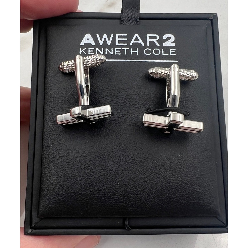 AWEAR2 Kenneth Cole Cufflinks Men's Silver Tone Teal Blue Cross NIB
